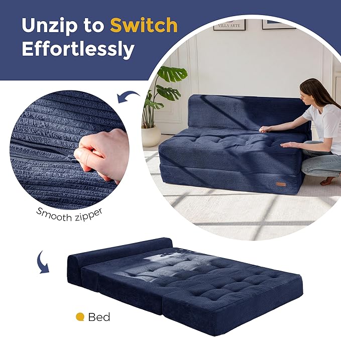 MAXYOYO 8" Folding Sofa Bed, Convertible Sleeper Sofa Lounger Foldable Mattress, Wedge Shape Floor Couch Tufted Fold Out Chair Bed Comfy Floor Couch Lounge for Living Room Bedroom, Loveseat, Navy