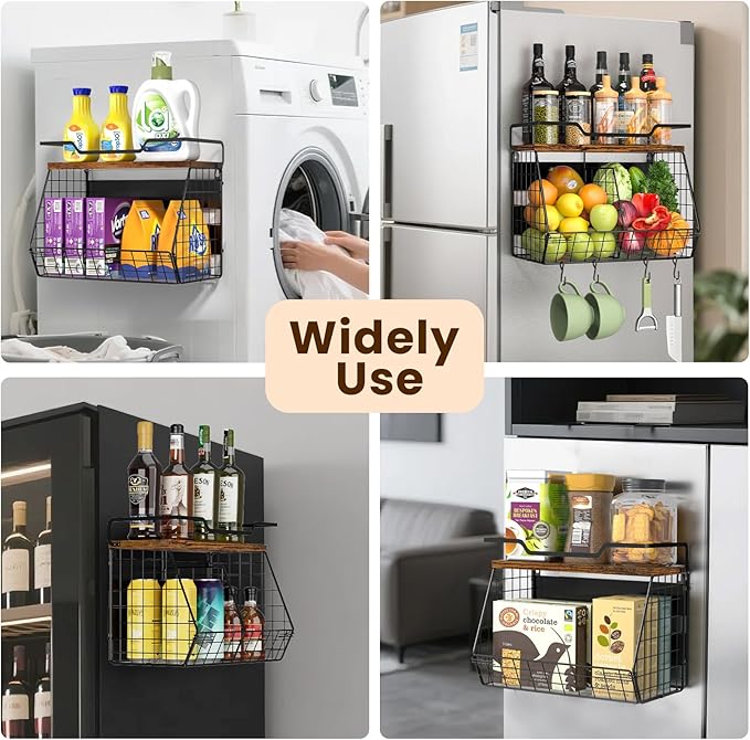 Magnetic Shelf for Fridge with Wood Lid & 4 Hooks, Fruit Potato & Onion Storage Bins, Pantry Organizer & Storage, Large Container Magnetic Spice Rack for Refrigerator, Kitchen Counter & Cabinet