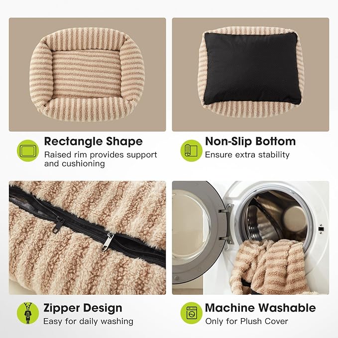 MIXJOY Dog Beds Large Sized Dogs, Washable Dog Bed with Removable Cover, Soft Rectangle Dogs Ded Fluffy Plush Faux Fur Pet Bed with Anti-Slip Bottom, 36"x27"x8", Beige
