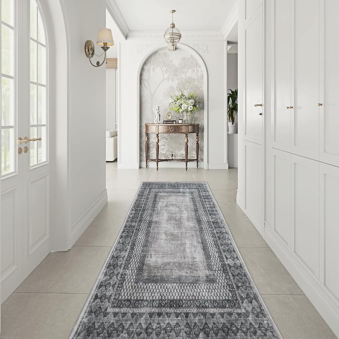 NICETOWN 2' x 6' Hallway Runner Rug, Machine Washable Thin Non-Slip 2x6 Grey Kitchen Runner Rug Soft Foldable Mysterious Tribal Bordered Indoor Mat for Bathroom Laundry Room，Grey