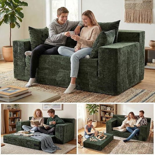 Convertible Sofa Bed, 5 in 1 Small Boneless Couch Pull Out Loveseat Sleeper Sofa,Corduroy Futon Couch Folding Mattress with 4 Pillows for Living Room Bedroom Lounge (No Assembly)
