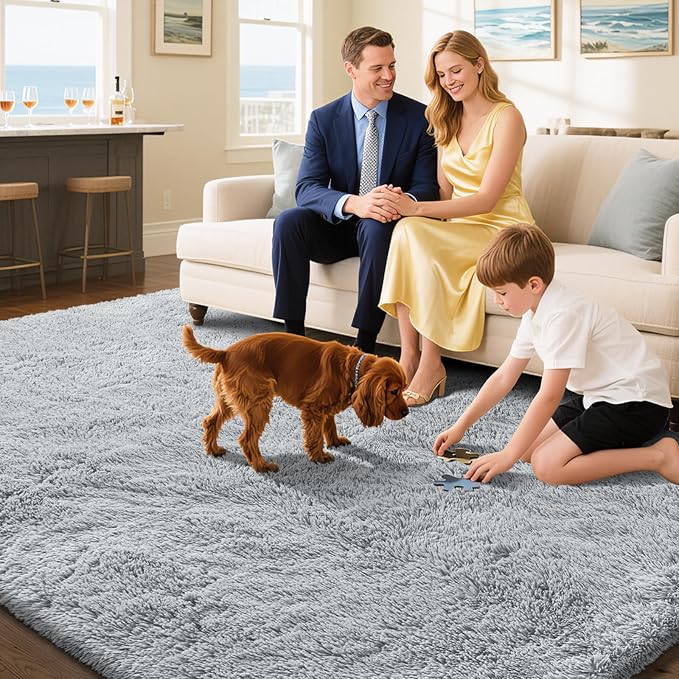 Fluffy Rug Shaggy Area Rug, Grey 8x10 Area Rugs for Living Room, Large Shag Area Rugs for Bedroom Kids Room Home Decor, Upgrade Anti-Skid Rectangular Fuzzy Rugs