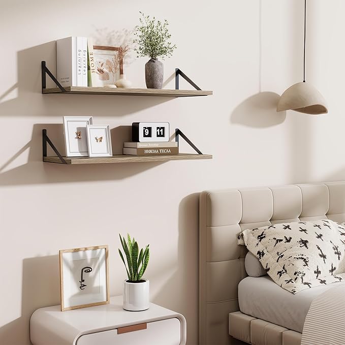 Deep Floating Shelves for Wall,30" Wx10 D Wood Floating Shelf Set of 2,Sturdy Metal Bracket Wide Display & Storage,Wall Mounted Hanging Floating Shelves for Living Room,Bedroom,Kitchen,Grey