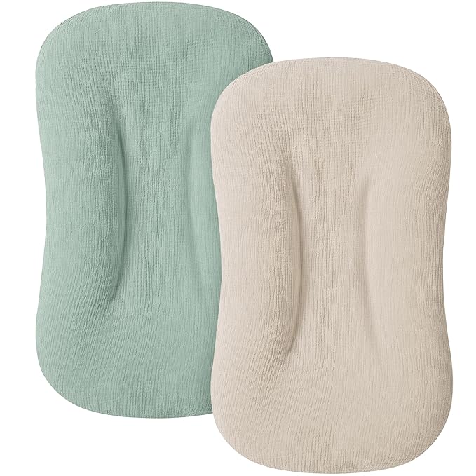Muslin Baby Cover for Newborn, Soft and Breathable 100% Cotton Lounger Slipcover Neutral, Pack of 2(Green, Ivory)