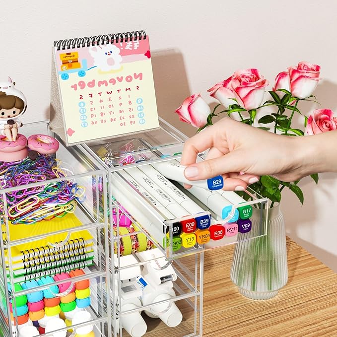 22 Drawers, Acrylic Desk Makeup Organizer, Plastic Drawers Organizer, Stackable Storage Solution for Makeup, Dresser, Office, Bathroom Clear Plastic Craft and Bead Storage Cabinet