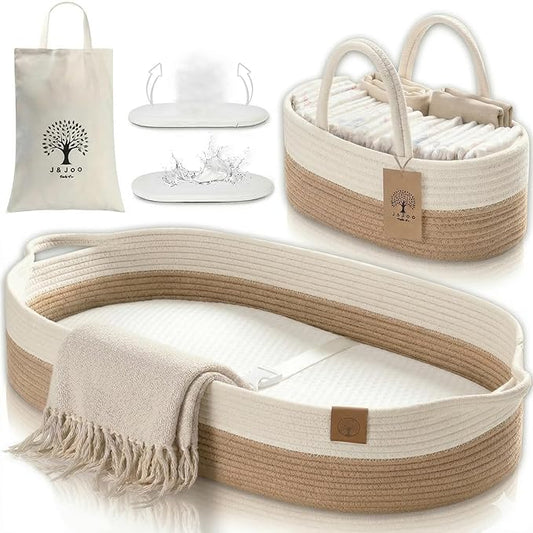 J&JOO Baby Changing Basket includes Diaper Caddy - Soft & Waterproof Dual-Cover, Portable, Changing Pad for Dresser & Changing Table, Gift for Baby Shower, Organic Cotton Rope