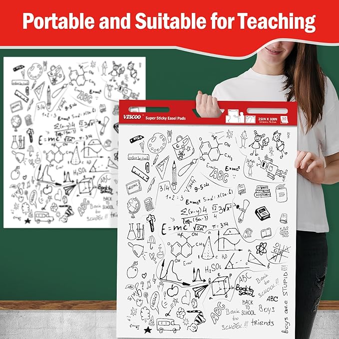 Thickened Sticky Easel Pad, 25 x 30 Inches Flip Chart Paper for Teachers, Giant Self-Stick Chart Paper for Wall, Anchor Chart Paper for Classroom/Office with Sticky Note, 90 Sheets/3Pad