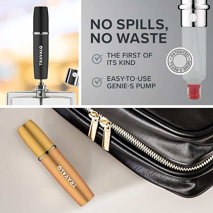 Lux Perfume Atomizer Gift Set Black & Gold - 2 Pc Leak-Proof, Airtight, Easy to Fill Mini Spray Bottles - Travel Size Perfume Refill Bottle with Polished Metal Alloy Outer Shell