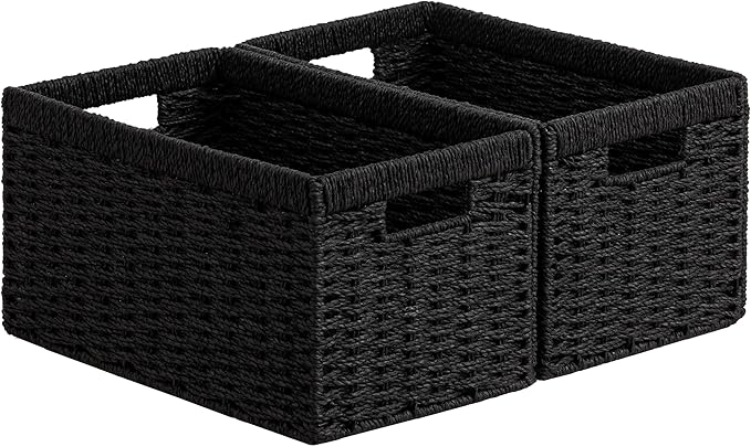 joybest Black Wicker Baskets, 13.4L x 8.3W x 7.1H inch Woven Paper Rope Storage Baskets for Organizing, Foldable Rectangular Bin with Handles for Pantry, 2-pack