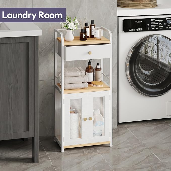 SWTYMIKI 14.57"x32.28" Bathroom Storage Cabinet – Freestanding Storage Cabinet with Doors and Drawer, Bathroom Organizers and Storage for Small Spaces – Ideal for Towels and Toiletries, Natural