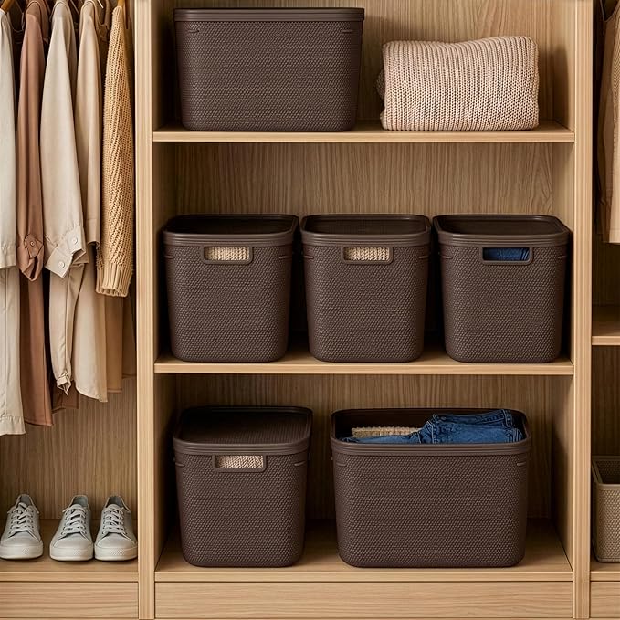 BINO | Plastic Storage Bins with Lids, 20 Liter - 3 Pack, Dark Brown | THE TWILL COLLECTION | Plastic Bins for Organization | Woven Storage Baskets for Organizing | Pantry Shelf Organizer Basket Bin