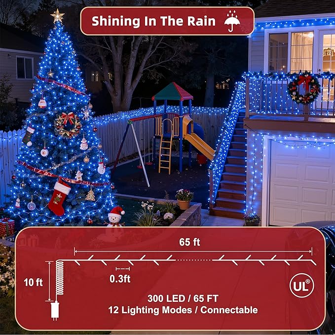 300 LED Outdoor Christmas Lights 75ft, 12 Lighting Modes Indoor String Lights Dimmable & Timer Memory, Outsite Waterproof Tree Lights for Xmas Room Garden Wedding Party Holiday Decorations Blue