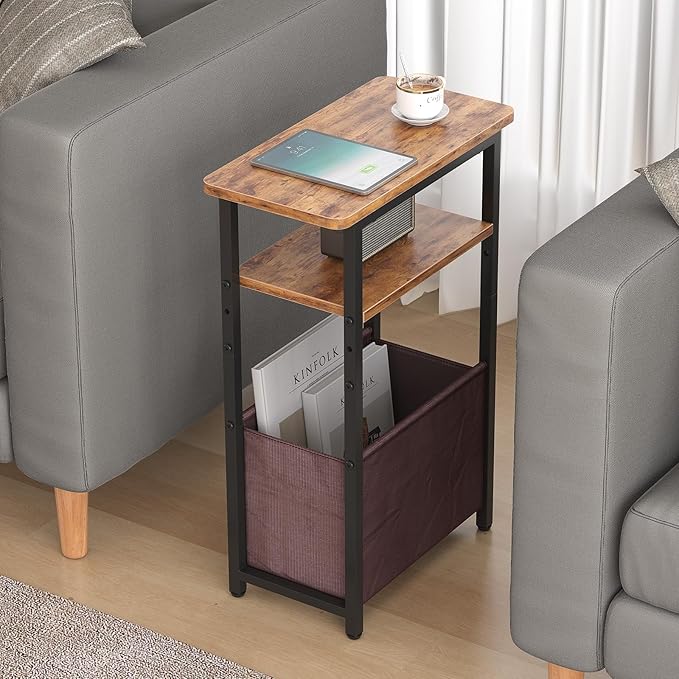 Narrow Side Table Set of 2, Skinny End Tables with Fabric Basket, Small Side Tables for Small Space,2-Tier Open Shelves with Basket, Slim Nightstands Set 2 for Bedroom,Livinroom, Rustic Brown