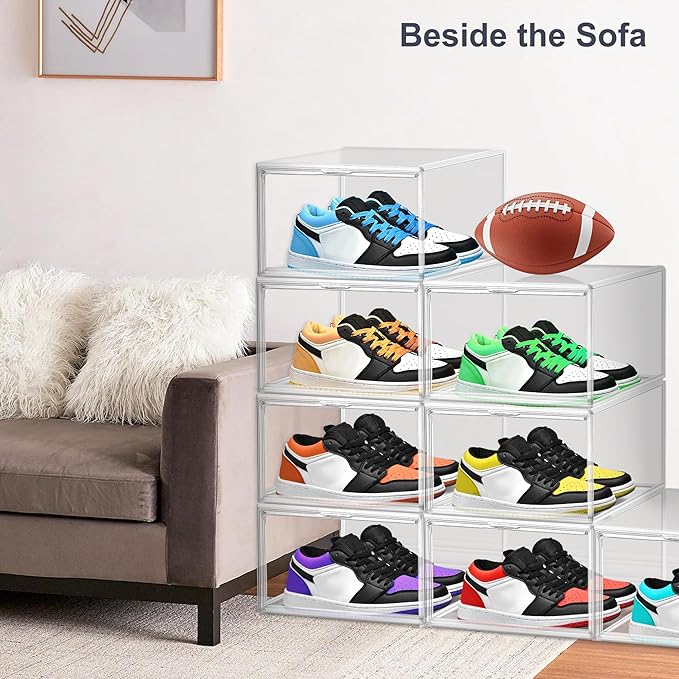 14 Pack Clear Shoe Boxes Size 12 Shoe Storage Organizer for Closet Stackable Shoes Rack Handbag Organizer Plastic Sneaker Storage Bin with Magnetic lids