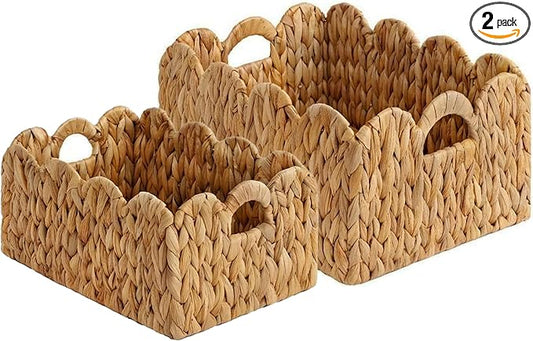 Set of 2 Scalloped Edge Wicker Storage Basket with Built-in Handles, Rectangle Water Hyacinth Basket for Organizing, Decorative Woven Rattan Basket for Shelf, Nursery Room