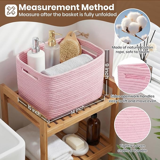 Storage Baskets for Organizing, 14 x 10 x 9” Closet Shelf Woven Baskets, Square Bins with Handles, Cotton Rope Basket for Toys, Clothes, Office, Room, Pink 3 Pack