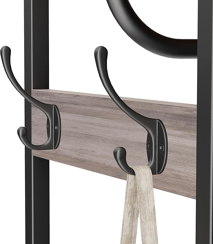 Coat Rack With Hanging Rod, Garment Rack With 3 Wooden Shelves and 4 Hooks, Freestanding Hall Tree, Industrial Clothes Rack Stand Organizer, Greige and Black