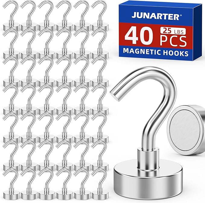 Magnetic Hooks, 40 Pack Magnetic Hooks for Cruise Cabins, 25lbs Magnet Hooks, Strong Magnetic Hook Heavy Duty, Magnets with Hook, Metal Magnetic Hook for Hanging, Refrigerator, Grill
