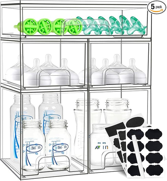 Baby Bottle Organizer, 5 Pack Stackable Storage Drawers with Labels, Clear Station Organizers Container for Pacifiers, Pump Parts, Desk Organizer Bins for Bathroom, Cabinet, Pantry, Vanity, Countertop