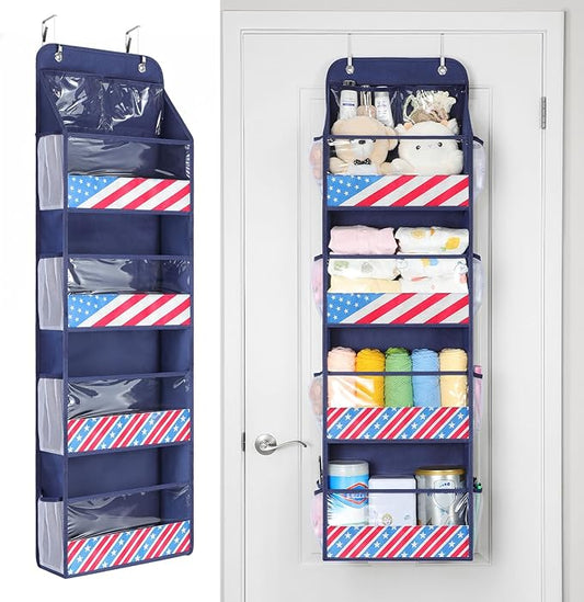 Yecaye 5 Tier Over the Door Organizer, Swing-proof Door Organizer Hanging with Clear PVC Windows, Behind the Door Storage for Bedroom Nursery Closet Laundry Pantry Bathroom, Navy Blue