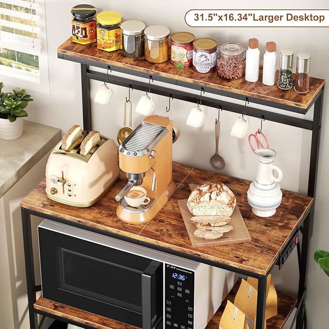 Bakers Racks for Kitchens with Power Outlets, Microwave Stand with 31.5 x 15.7 Inch Larger Desktop, Coffee Bar with Adjustable Middle Shelf, 8 S-Shaped Hooks, Rustic Brown