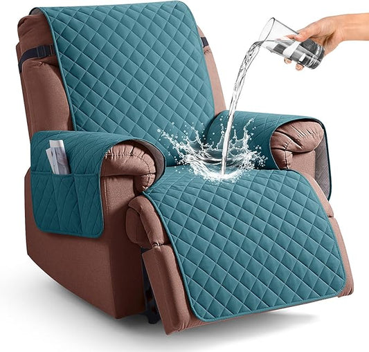 KinCam 100% Waterproof Recliner Chair Cover, Reclining Couch Covers for Pets, Dogs, Recliner Couch Slipcover Furniture Protector with Elastic Straps for Kids(23.6", Peacock Blue)
