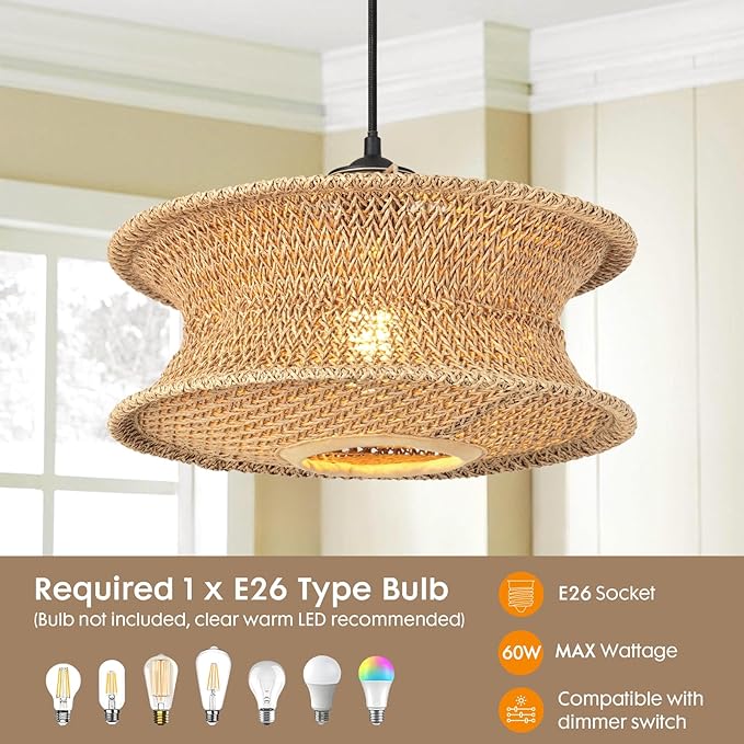 13" Boho Rattan Pendant Light Fixture, Hand Woven Hanging Ceiling Lamp for Kitchen Island, Dining Room, Entryway, Small Rustic Natural Woven Lighting