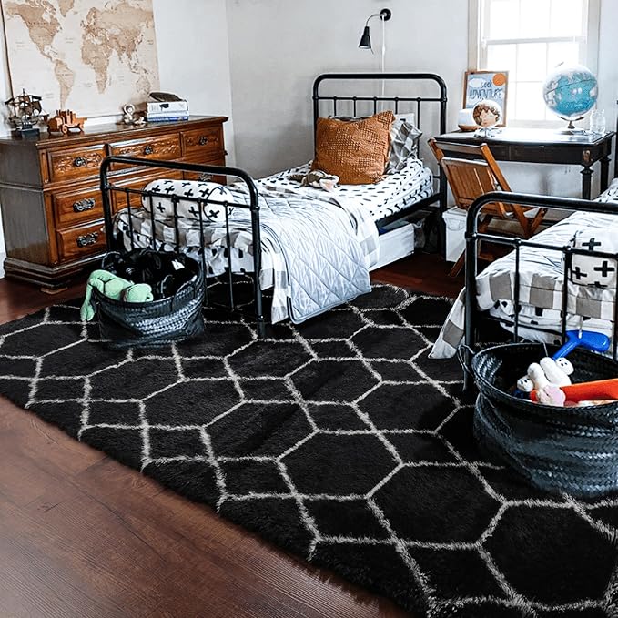 ONASAR 6x9 Area Rugs for Living Room Bedroom, Large Fluffy Black and White Throw Rug, Geometric Soft Plush Shaggy Floor Carpet for Nursery Kids Girls Boys Teen Dorm Home Decor Aesthetic