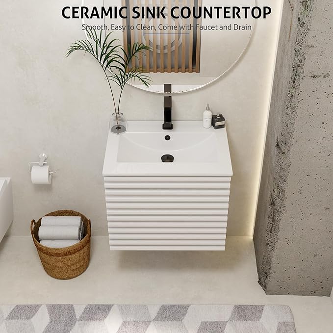 eclife 24" Floating Bathroom Vanity with Sink Combo Mid-Century Wall Mounted Cabinet with Wood Stripes Decor, Drawers, Undermount Sink, Faucet, Drain, Mixed White