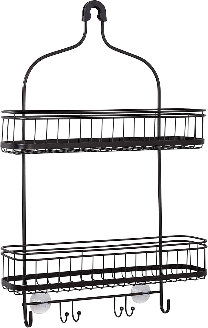 Zenna Home Shower Caddy Hanging Bathroom Organizer, Steel Shower Rack with 2 Extra Wide Shelves and Built in Hooks, Rust-Resistant Over Shower Head Caddy Storage System, Bronze