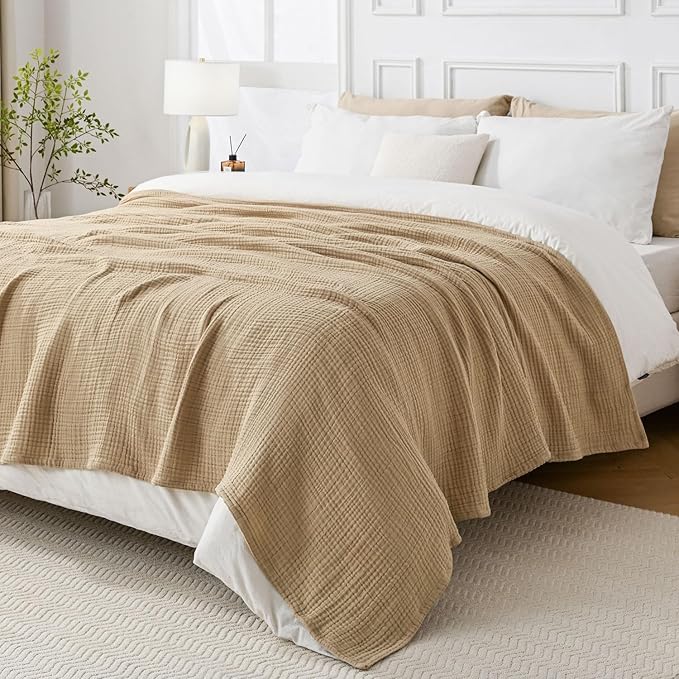 Muslin Blanket 100% Cotton Blanket Throw 108”x90”, Lightweight Breathable Summer Blanket Throw. Supersoft 4-Layer Gauze Throw Blanket for Sofa, Couch, Bed, All-Season Use, Sand