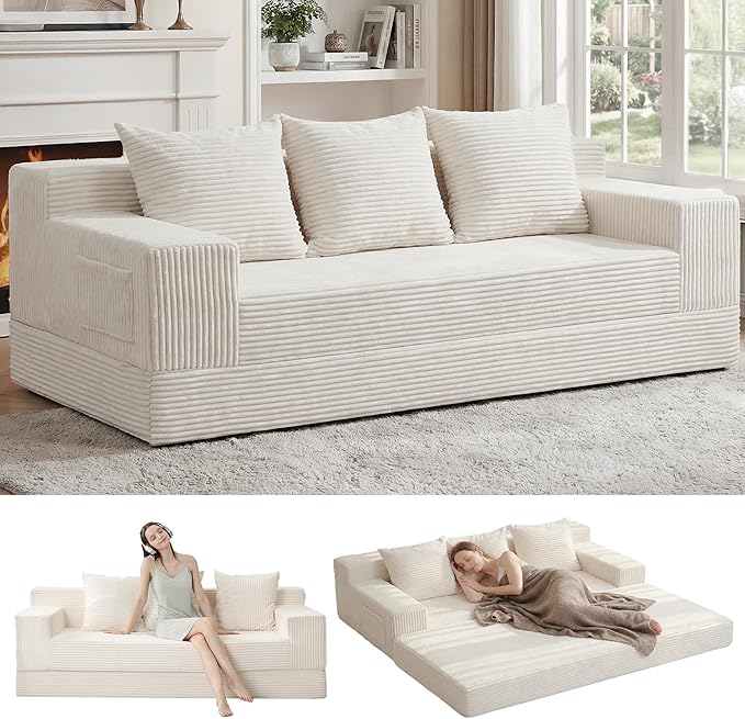 Convertible Futon Sofa Bed Couch, 78'' Corduroy Folding Sofas Bed, Compression Boneless Floor Couch Sofa Beds with 3 Pillows for Living Room Bedroom Apartment