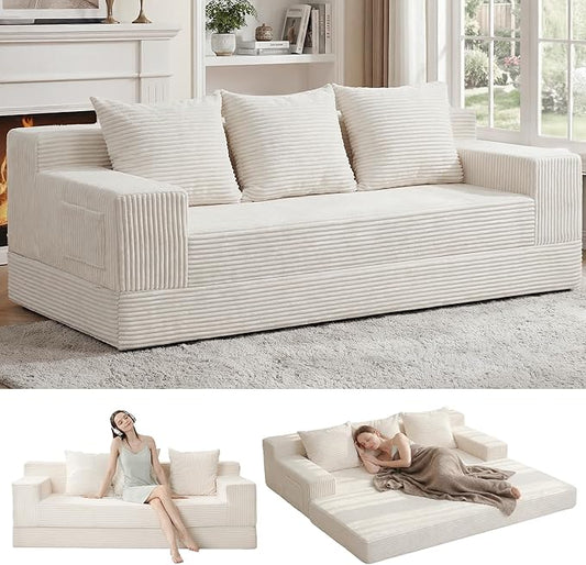Convertible Futon Sofa Bed Couch, 78'' Corduroy Folding Sofas Bed, Compression Boneless Floor Couch Sofa Beds with 3 Pillows for Living Room Bedroom Apartment
