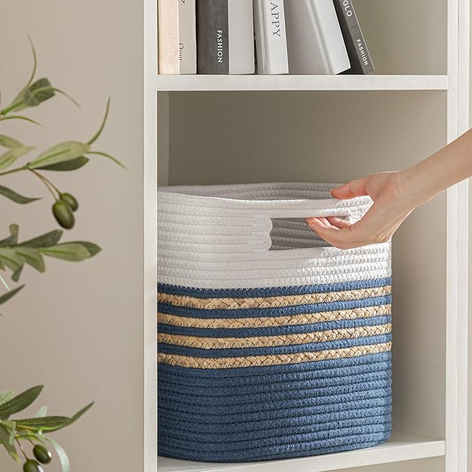 UBBCARE Set of 4 Storage Cubes 13 X 13 X 13 in, Water Hyacinth Storage Bins for Shelves, Toys, Book, Storage Baskets with Handles, Cotton Rope Woven Baskets for Organizing, Navy Blue