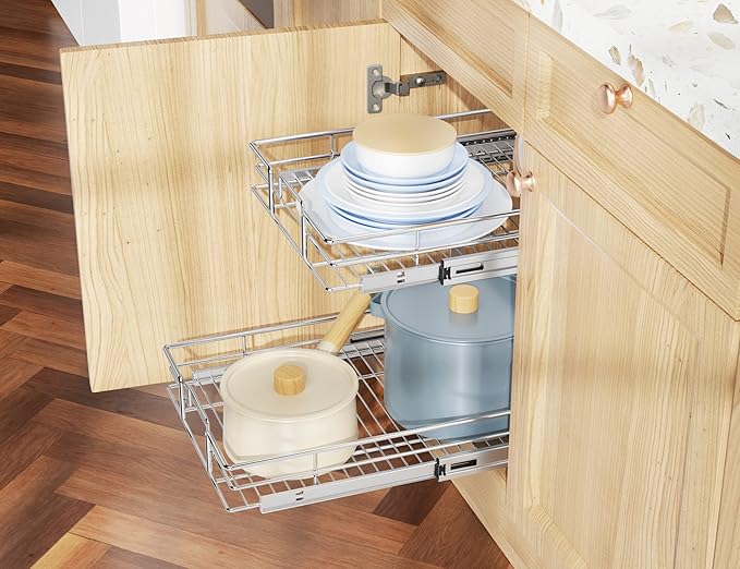 LOVMOR Individual Pull Out Cabinet Organizer, 2 Tier Slide Out Cabinet Drawers, Pots and Pans Organizer and Storage Pantry Shelf for Kitchen (22½" W x 21½" D)