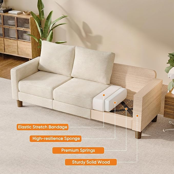 JUMMICO L Shape Sectional Sofa Couch, 3 Seat Convertible Sofa with Movable Ottoman and Side Storage Pockage, Modern Sofa Small Couches for Living Room & Apartment and Small Space (Corduroy, Beige)