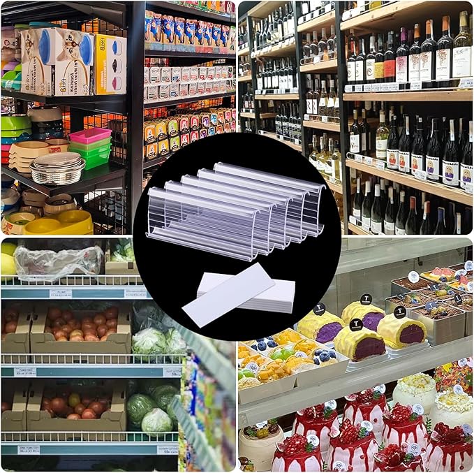 100Pcs Wire Shelf Label Holders with Label Paper Inserts, Label Holder Plastic Shelf Tags Compatible with Metro 1-1/4 inch Shelves, Removable Wire Rack Label Holder Display Clip