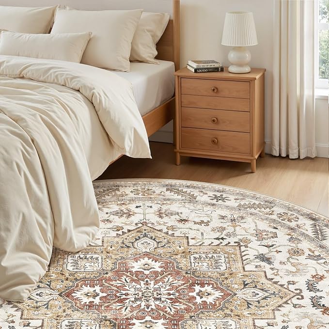 6ft Round Vintage Living Room Area Rug - 6x6 Large Soft Washable Oriental Traditional Distressed Farmhouse Rugs for Bedroom - Indoor Floor Accent Carpet for Home Office House Decor - Golden Taupe