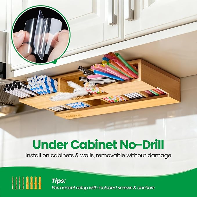 Extra-Large Bamboo Straw Holder Organizer – 6 Compartments for Long & Short Straws | Magnetic & Adhesive Mount for Cabinet, Fridge, or Counter | Durable Trapezoid Design for Kitchen