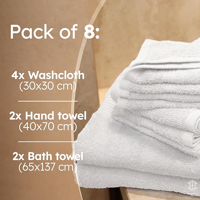 Luxe Set – Washcloths (30 x 30cm), Hand Towels (40 x 70cm) & Bath Towels (65 x 137 cm) – 100% Cotton, Soft, Absorbent, Easy Care, Versatile, (White)