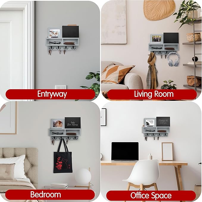 Spacelog Key and Mail Holder for Wall with Chalkboard – Magnetic Picture Frame Key Holder Wall Mount, Grey, Dual Storage & Cupboards