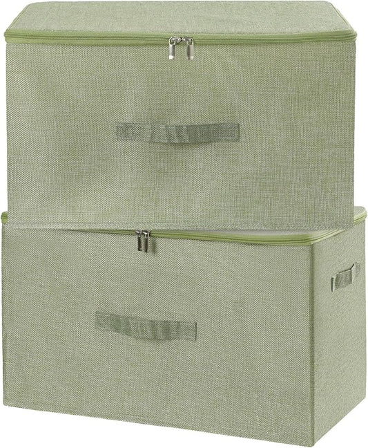 ANMINY 2PCS Storage Bins with Zipper Lids 51.9 Qt Lidded Fabric Storage Boxes Baskets Cubes with Handles Collapsible Washable Cotton Linen Closet Shelf Clothes Organizer - Green, Extra Large