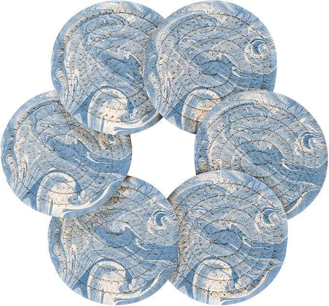 Marble Colorful Drink Coasters, Handmade Cotton Absorbent Coaster Set of 6, Minimalist Home Decor for Coffee Table, Kitchen, Housewarming and Wedding Registry Ideas