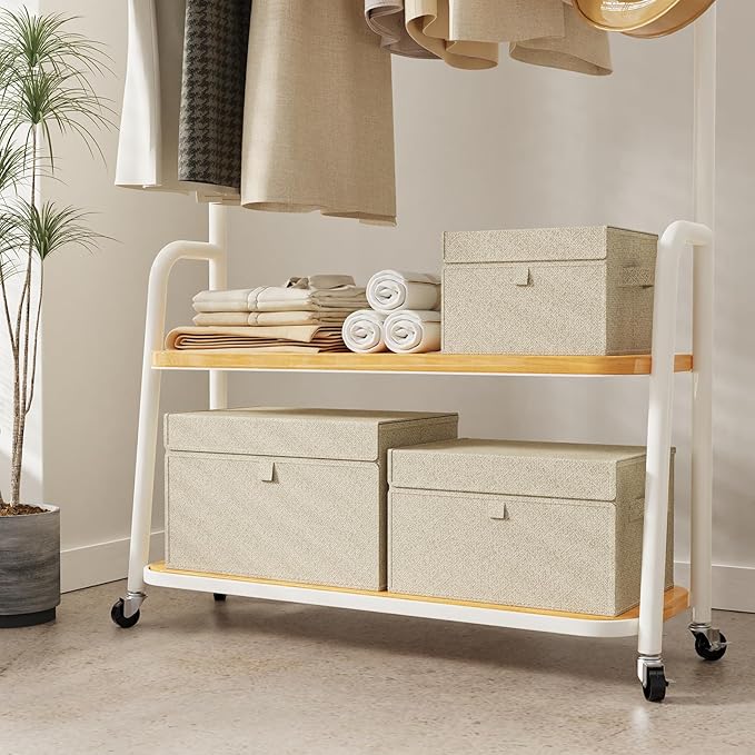 Fabric Storage Boxes, Closet Organizer with Handles, Basket Bins with Flip Cover, Cube Organization for Clothes, Shoes, Blankets, 13x9.1x7.9in, Grey and Beige, 4 Pack
