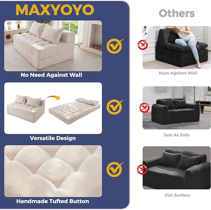 MAXYOYO Folding Sofa Couch, Convertible Floor Sleeper Couch with 2 Pillows, Tufted Floor Loveseat Couch Tufted Fold Out Chair Bed Comfy Sofa Lounge for Living Room Bedroom, Beige