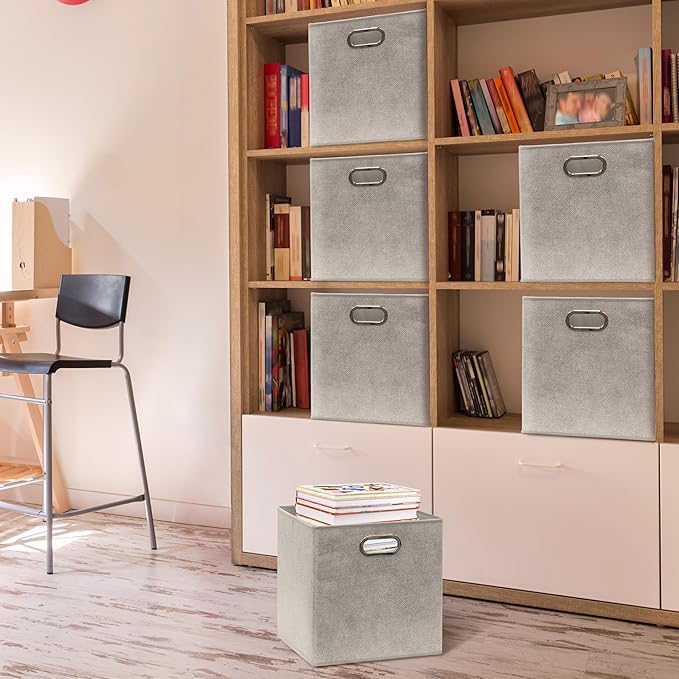 SIMPLE HOUSEWARE 11-Inch Collapsible Fabric Cube Storage Bin with Handles, Printed Design, 6 Pack, Gray