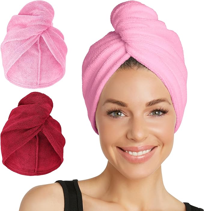 Turbie Twist 2-Pack Microfiber Hair Towel for Beauty, Travel, Gifting - Wrap Turban for Straight, Wavy & Curly Hair - Premium Personal Care - Deep Claret & Sea Pink
