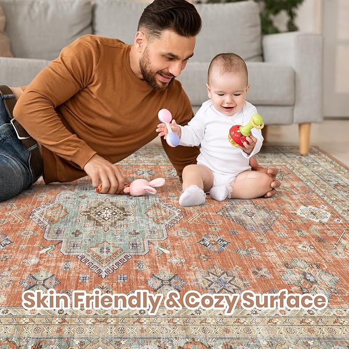 Vintage Living Room Area Rug 6x9 - Large Soft Washable Oriental Traditional Distressed Farmhouse Rugs for Bedroom - Indoor Floor Accent Carpet for Home Office House Decor - Orange