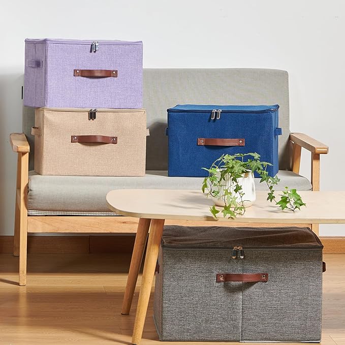 2 Pack Storage Bins with Zipper Lid Cotton Linen Fabric Lidded Storage Baskets Boxes Foldable Washable Closet Shelf Clothes Organizer Container with PU Leather Handles (Linen, Small)