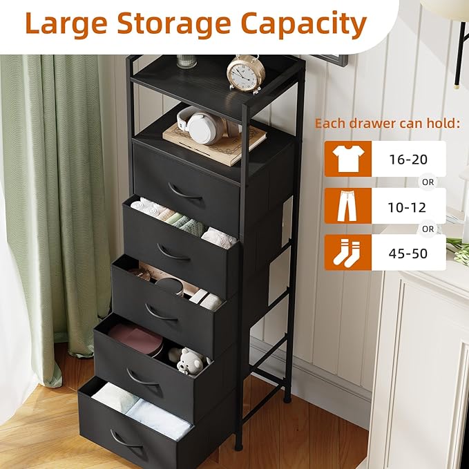Somdot Tall Night Stand for Bedroom,Tall 5 Drawers Dresser, Vertical Storage Tower Unit, Nightstand Furniture with Fabric Drawer Organizer in Bedside Kids Dorm Room Closet Laundry Entryway,Black